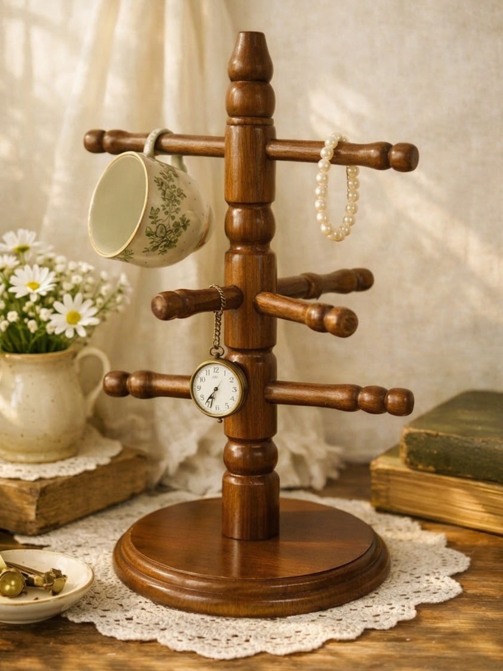 Vintage Wooden 6 Mug Cup Tree Stand Holder Retro Country Kitchen Decor 15” Tall